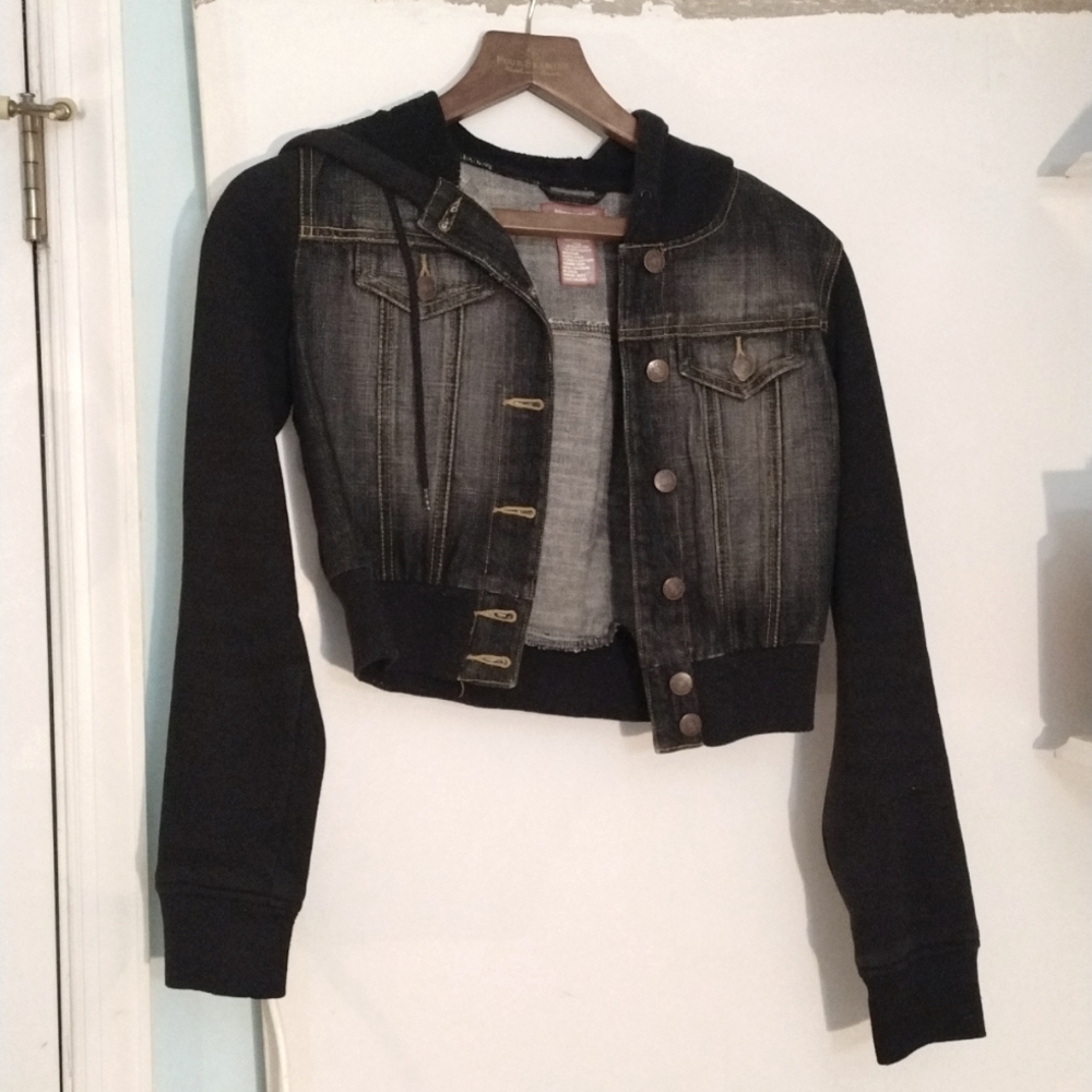 Blue asphalt black jean jacket cropped bomber cotton hoodie and sleeves small